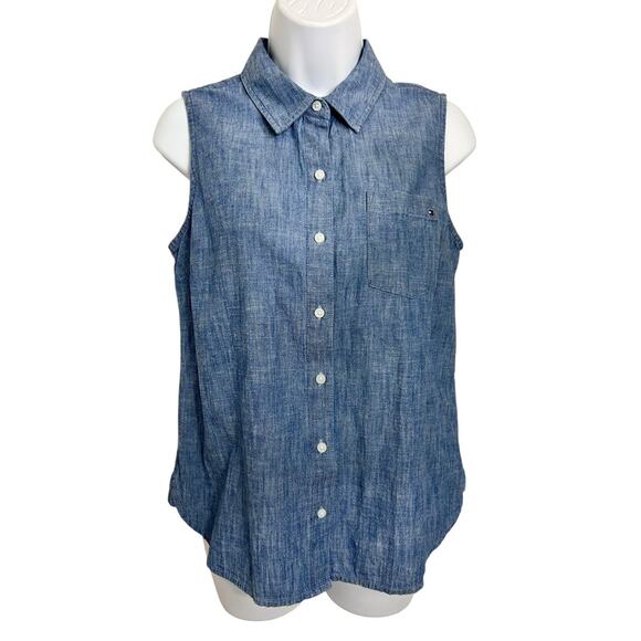 Women's Tommy Hilfiger Chambray Denim Button Front Sleeveless Shirt Sz Small Top - Picture 5 of 7